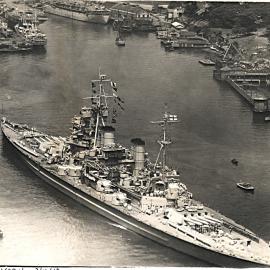 British battleship HMS DUKE OF YORK enters Woolloomooloo Bay, 1945