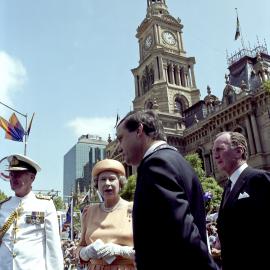 Queen Elizabeth II and Lord Mayor in front of Sydney Town Hall, Royal Tour, 1992
