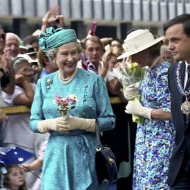 Queen Elizabeth II and Lord Mayor Frank Sartor with crowds, George Street Sydney, 1992