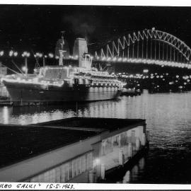 Italian liner, GALILEO GALILEI at Overseas Terminal, Sydney Cove by night, 1963