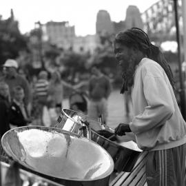 Street muscian plays drums, Circular Quay Sydney, 2001