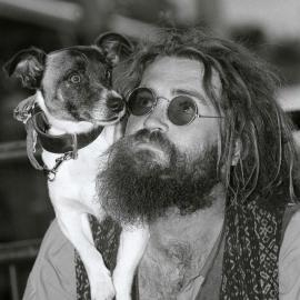Man with his dog on his shoulder, Circular Quay Sydney, 2003