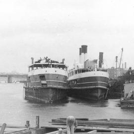 Manly ferries CURL CURL and DEE WHY with collier BELLAMBI at Strides yard. 1969. GKAC.