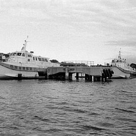 Hydrofoil ferry DEE WHY laid up with two sister ferries. Aug. 1987. GKA.