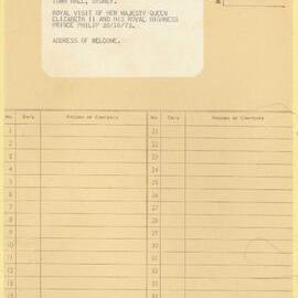 File - Address of welcome for Royal Visit of Queen Elizabeth, Sydney Town Hall,1973