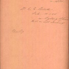 Dr. C.E. Corlette - Town Clerk. Re Lighting St James Hall etc. with electricity.