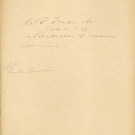 File - W.F. Foster, Builder - Acting Town Clerk. Undertaking to restore roadway disturbed by carts behind