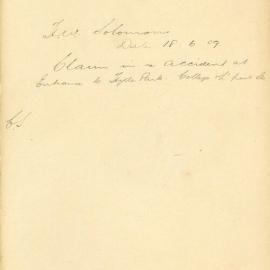 File - H.W. Solomon - Town Clerk. Claim in re accident at entrance to Hyde Park, College & Liverpool 