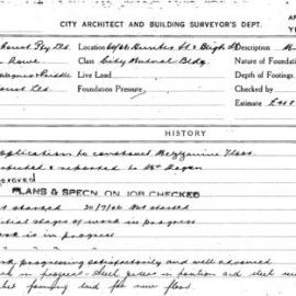 Building Inspectors Card - 60-66 Hunter St & Bligh St, City Mutual Building, mezzanine floor, 1946-1947