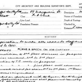 Building Inspectors Card: 89 Macquarie St. R.A Club. Application to make alts & adds to staff 