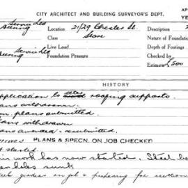 Building Inspectors Card: 21/29 Chester St. Store. Application to alter roofing supports. 1 Card.