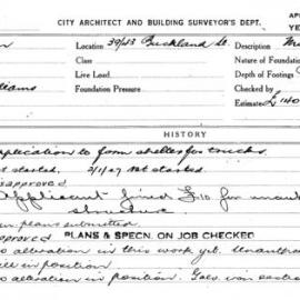 Building Inspectors Card: 39/43 Buckland St. Application to form shelter for trucks. 1 card. 