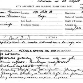 Building Inspectors Card: 396 Pitt Street. Cafe. Application to make alterations to cafe 