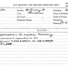 Building Inspectors Card: 98 Surrey St. residence. Application to enclose balcony. 1 card. 