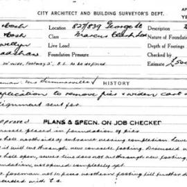 Building Inspectors Card - Pier and dock, Marcus Clark & Co - 827/839 George Street Sydney, 1946