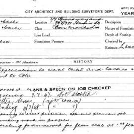 Building Inspectors Card: 1/7 Broadway and 767/771 Harris st. Bon Marche Ltd. Application to erect 