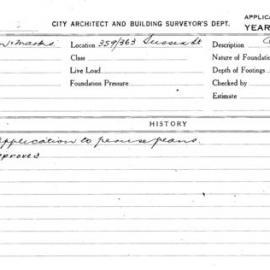 Building Inspectors Card: 359/363 Sussex St. Application to peruse plans. 1 Card.