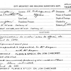 Building Inspectors Card: 65 Macquarie St. Offices. Application to make alts to offices, etc. 2 