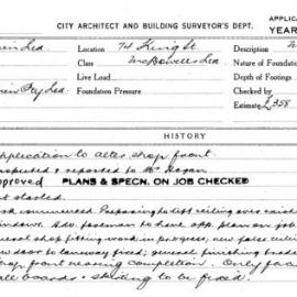 Building Inspectors Card: 74 King St. McDowells Ltd. Application to alter shop front. 1 card. 