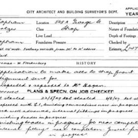 Building Inspectors Card: 568a George St. Shop. Application to make alts to shop front. 1 card.