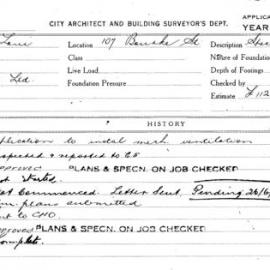 Building Inspectors Card: 107 Bourke St. Application to instal mech. ventilation. 1 card.