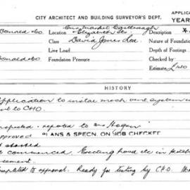 Building Inspectors Card - David Jones, Market, Castlereagh and Elizabeth Streets, Sydney, 1947-1948