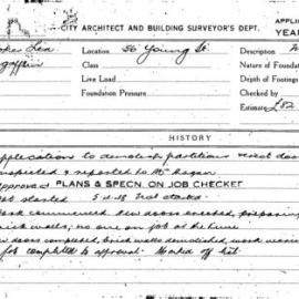 Building Inspectors Card: 56 Young St. Application to demolish partitions & erect doors grd floor. 