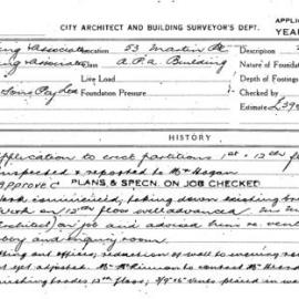Building Inspectors Card: 53 Martin Place. APA Building. Application to erect partitions 1st & 12th 