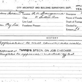 Building Inspectors Card: Royal Agricultural Showground , 31 Suttor Ave. Application to erect canvas side walls to 
