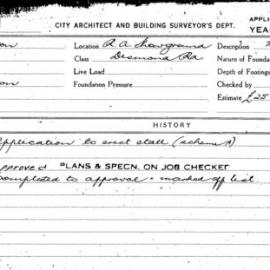 Building Inspectors Card: Royal Agricultural Showground , Desmond Rd. Application to erect stall (Scheme A) 1 card