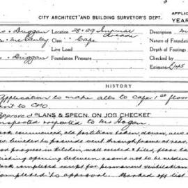 Building Inspectors Card: 28 & 29 Imperial Arcade. Cafe. Application to make alts to cafe