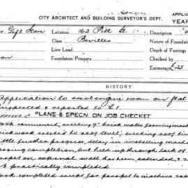 Building Inspectors Card: 162 Pitt Street. Bevilles Gift Store. Application to erect engine room on 