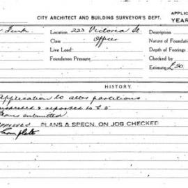 Building Inspectors Card: 222 Victoria St. Offices. Application to alter partitions. 1 Card. 