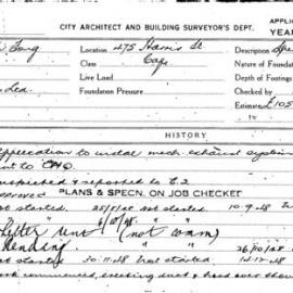 Building Inspectors Card: 475 Harris Street. Cafe. Application to install mechanical exhaust system 