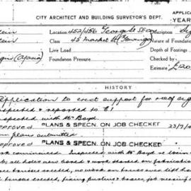 Building Inspectors Card: 452/456 George Street SE crn 45 Margaret Street. Gowings. Application to 