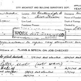 Building Inspectors Card: 333 Castlereagh St. Tivoli Theatre. Application to repair roof structure 