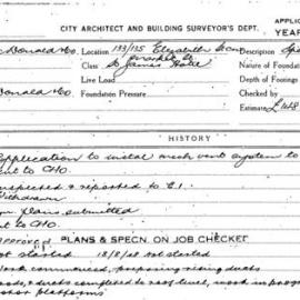 Building Inspectors Card: 133/135 Elizabeth St cnr Market St. St James Hotel. Application to instal 