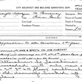 Building Inspectors Card: 136 Broadway. Pioneer House. Application to alter lavatories 5th floor. 1 