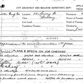 Building Inspectors Card: 52 Levey St. Factory. Application to erect amenities 1st floor. 1 card