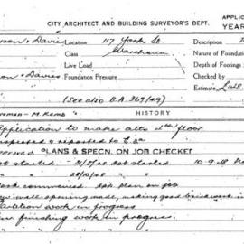 Building Inspectors Card: 117 York St. Warehouse. Application to make alts 4th floor. 1 card