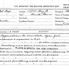 Building Inspectors Card: 117/127 Day St. Druitt House. Application to reinstate after fire.1 card