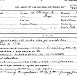 Building Inspectors Card: 148 Phillip St. Shop. Application to make alts for milk bar. 1 card. 