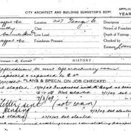 Building Inspectors Card: 247 George St. Application to erect lift machinery room. 2 cards. 