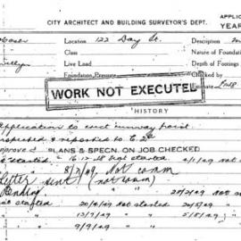 Building Inspectors Card: 122 Day St. Application to erect runway hoist. 1 card. 
