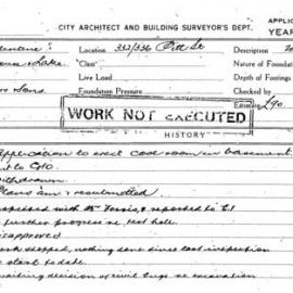 Building Inspectors Card: 332/336 Pitt Street. Application to erect cool room in basement. 1 Card.