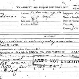 Building Inspectors Card: 51 Castlereagh Street. Cafe. Application to extend pantry and store