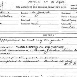 Building Inspectors Card: 22 York St. Application to erect roof over yard. 1 Card.