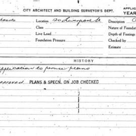 Building Inspectors Card: 120 Liverpool St. Application to peruse plans. 1 Card.