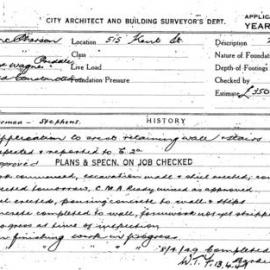 Building Inspectors Card: 515 Kent St. Application to erect retaining wall & stairs. 1 Card.