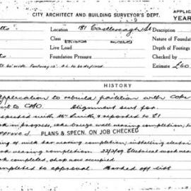 Building Inspectors Card: 181 Castlereagh Street. Application to rebuild partitions with coke 